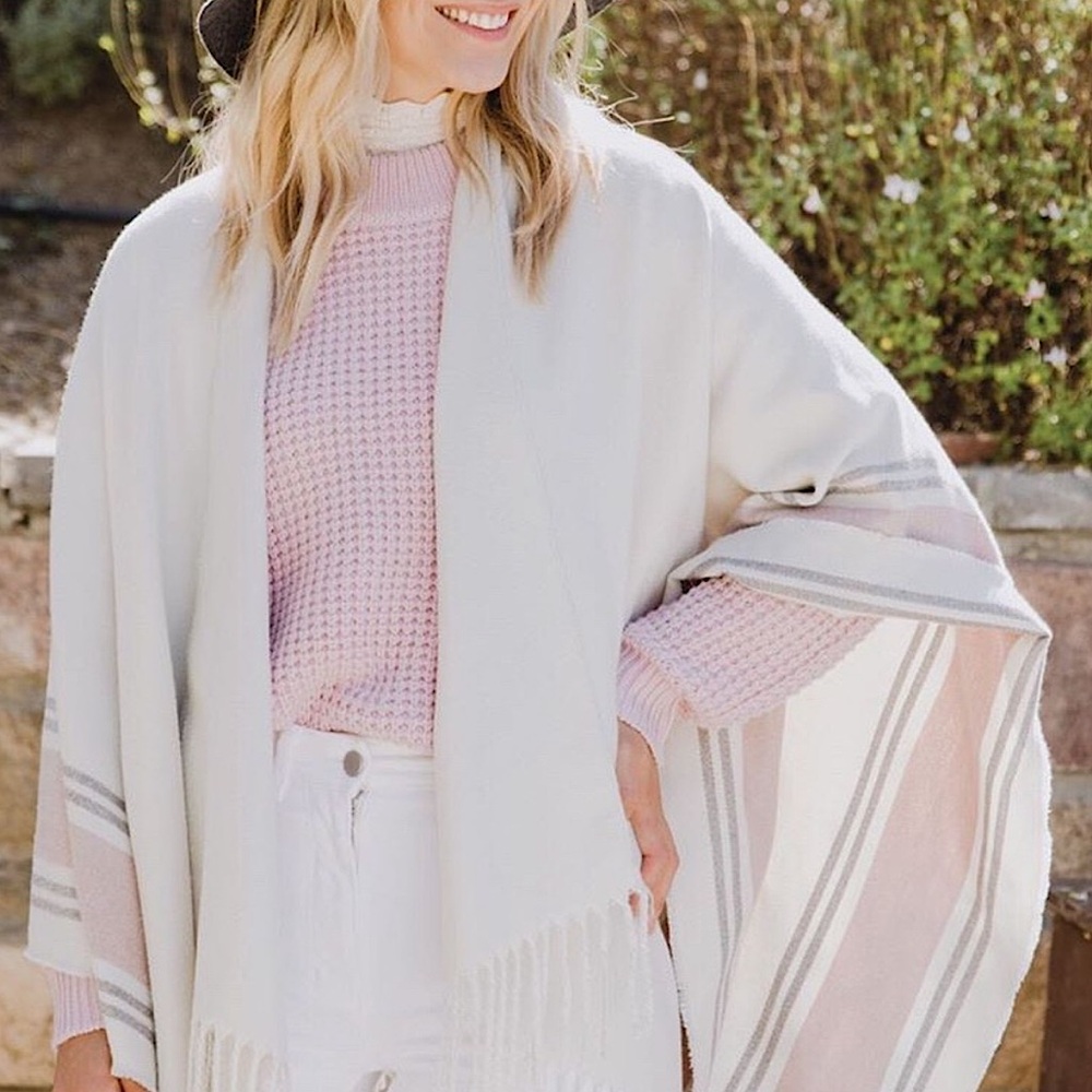 Siizu Causebox Striped Poncho Shawl Blanket Scarf Wrap Fringe Pink Gray